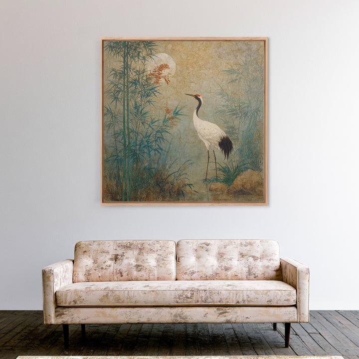 White Crane Standing Framed Canvas Print, Zen Art, Luxury Decor, Living Room Decor, Oil Painting, Zen, Large Wall Art, ZEN-1x1-79