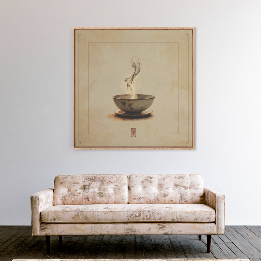 Tea Bowl with Steam Rising Gently Framed Canvas Print, Zen Art, Statement Artwork, Living Room Decor, Fine Art, Zen, ZEN-1x1-80