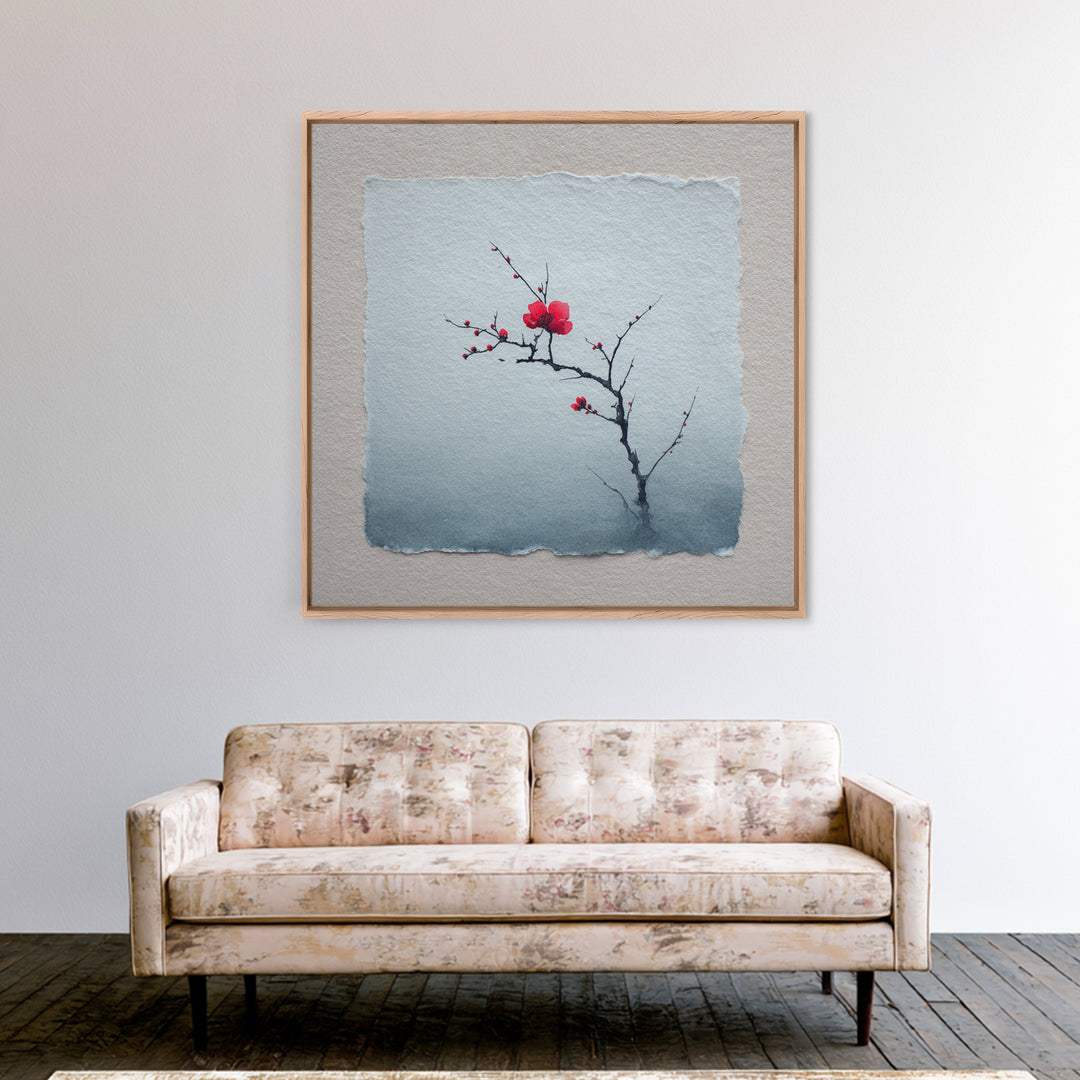 Black Branch with One Red Blossom Canvas Print, Zen Art, Abstract Art, Living Room Decor, Oil Painting, Zen, Wabi Sabi Wall Art, ZEN-1x1-81