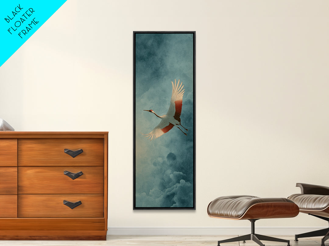 Crane Flying Across Pale Sun Framed Canvas Print, Zen Art, Flower Print, Living Room Decor, Fine Art, Zen, Textured Painting, ZEN-1x3-84