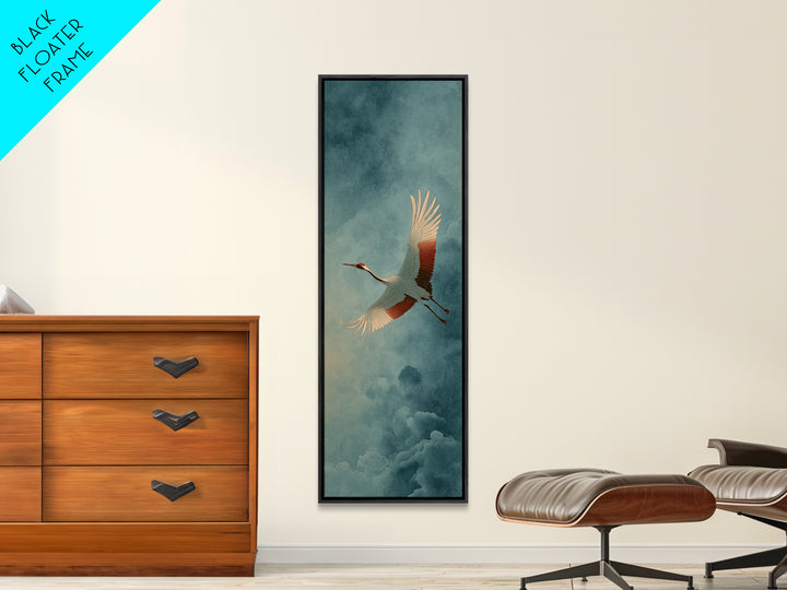 Crane Flying Across Pale Sun Framed Canvas Print, Zen Art, Flower Print, Living Room Decor, Fine Art, Zen, Textured Painting, ZEN-1x3-84