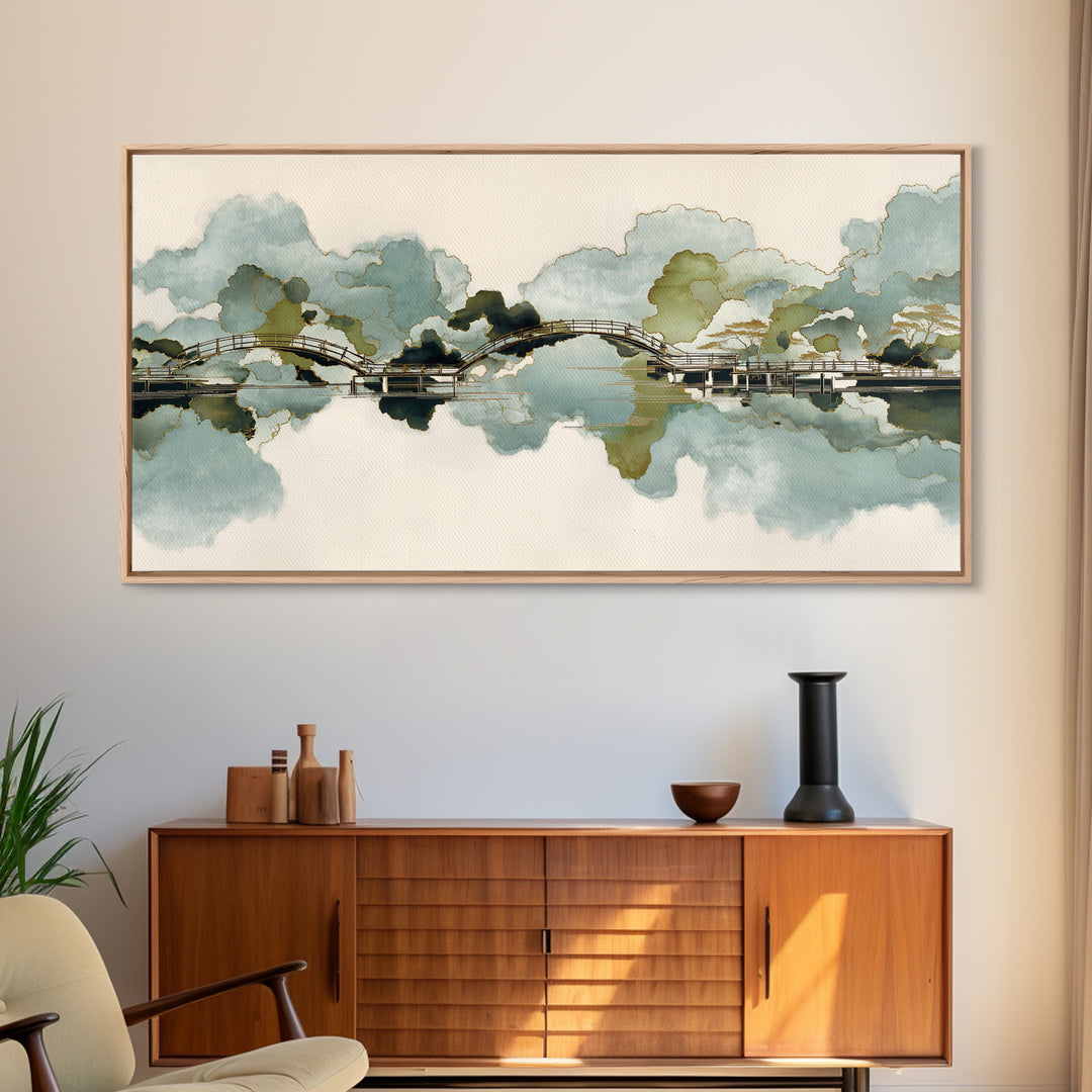 Japanese Garden Bridge Implied Through Shapes Framed Canvas Print, Zen Art, Art Print, Living Room Decor, Watercolor Art, Zen, ZEN-2x1-10