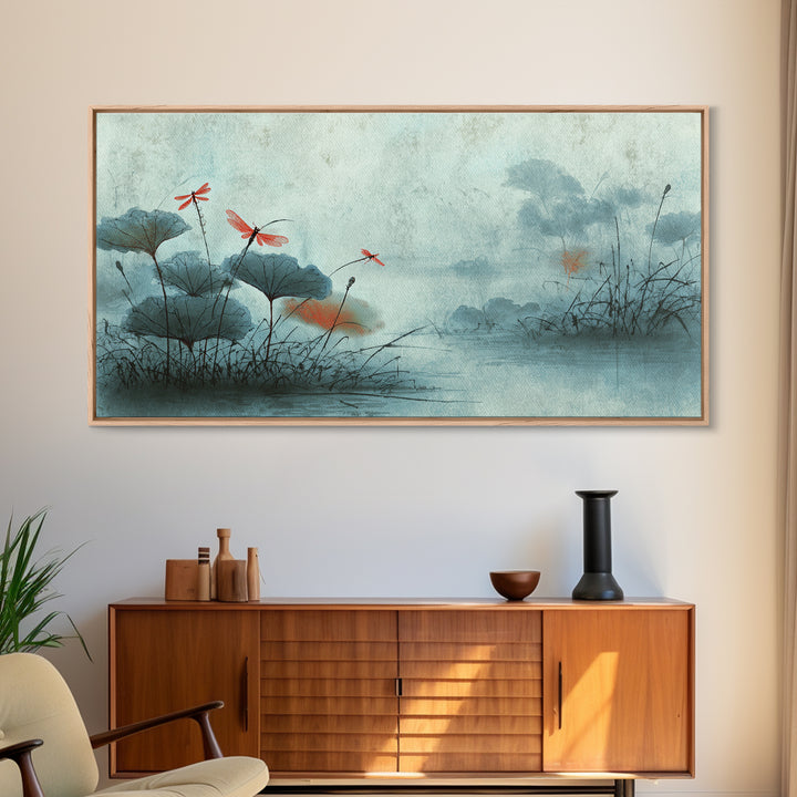 Dragonfly over Lotus Pond Framed Canvas Print, Zen Art, Room Decor, Living Room Decor, Fine Art, Zen, Canvas Wall Art, ZEN-2x1-12