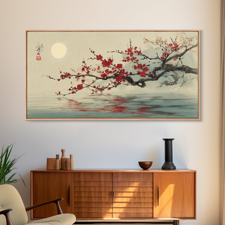 Black Branch with One Red Blossom Framed Canvas Print, Zen Art, Japanese Wall Art, Living Room Decor, Watercolor Art, Zen, ZEN-2x1-29