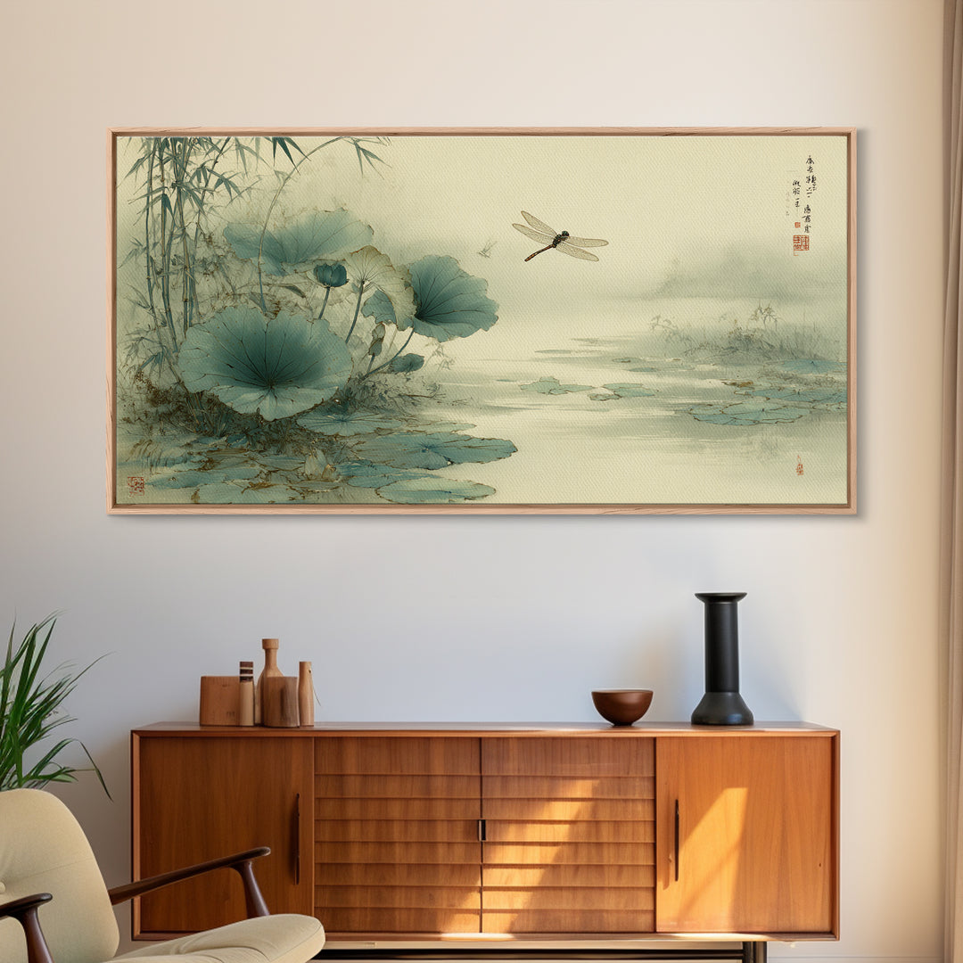 Dragonfly over Lotus Pond Framed Canvas Print, Zen Art, Large Wall Art, Living Room Decor, Oil Painting, Zen, Beach Decor, ZEN-2x1-60