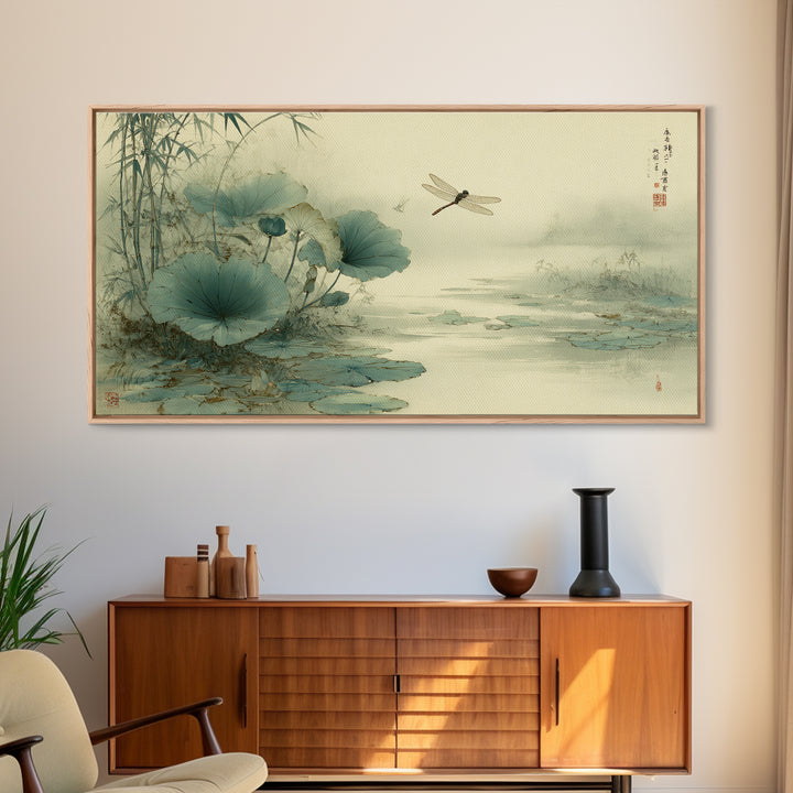 Dragonfly over Lotus Pond Framed Canvas Print, Zen Art, Large Wall Art, Living Room Decor, Oil Painting, Zen, Beach Decor, ZEN-2x1-60