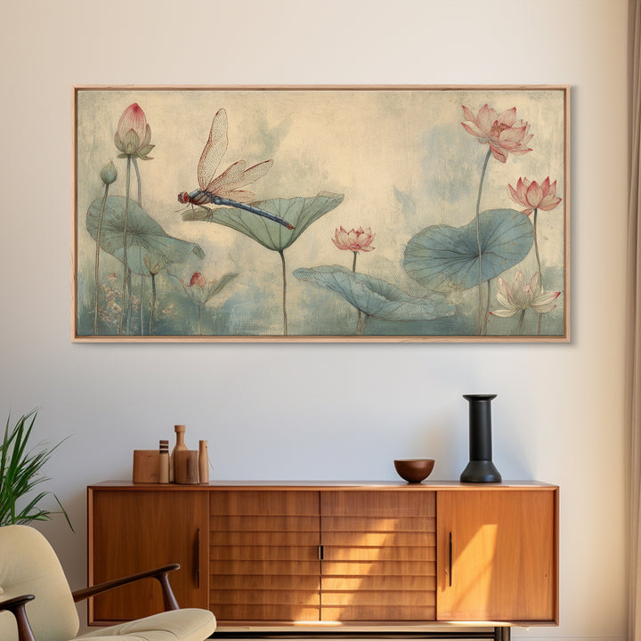 Dragonfly over Lotus Pond Framed Canvas Print, Zen Art, Japandi Wall Art, Living Room Decor, Fine Art, Zen, Neutral Decor, ZEN-2x1-84
