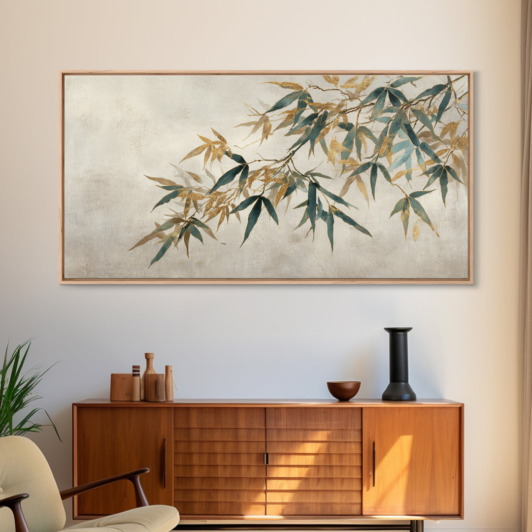 Minimal Bamboo Leaves Framed Canvas Print, Zen Art, Extra Large Wall Art, Living Room Decor, Fine Art, Zen, Boho Decor, ZEN-2x1-85