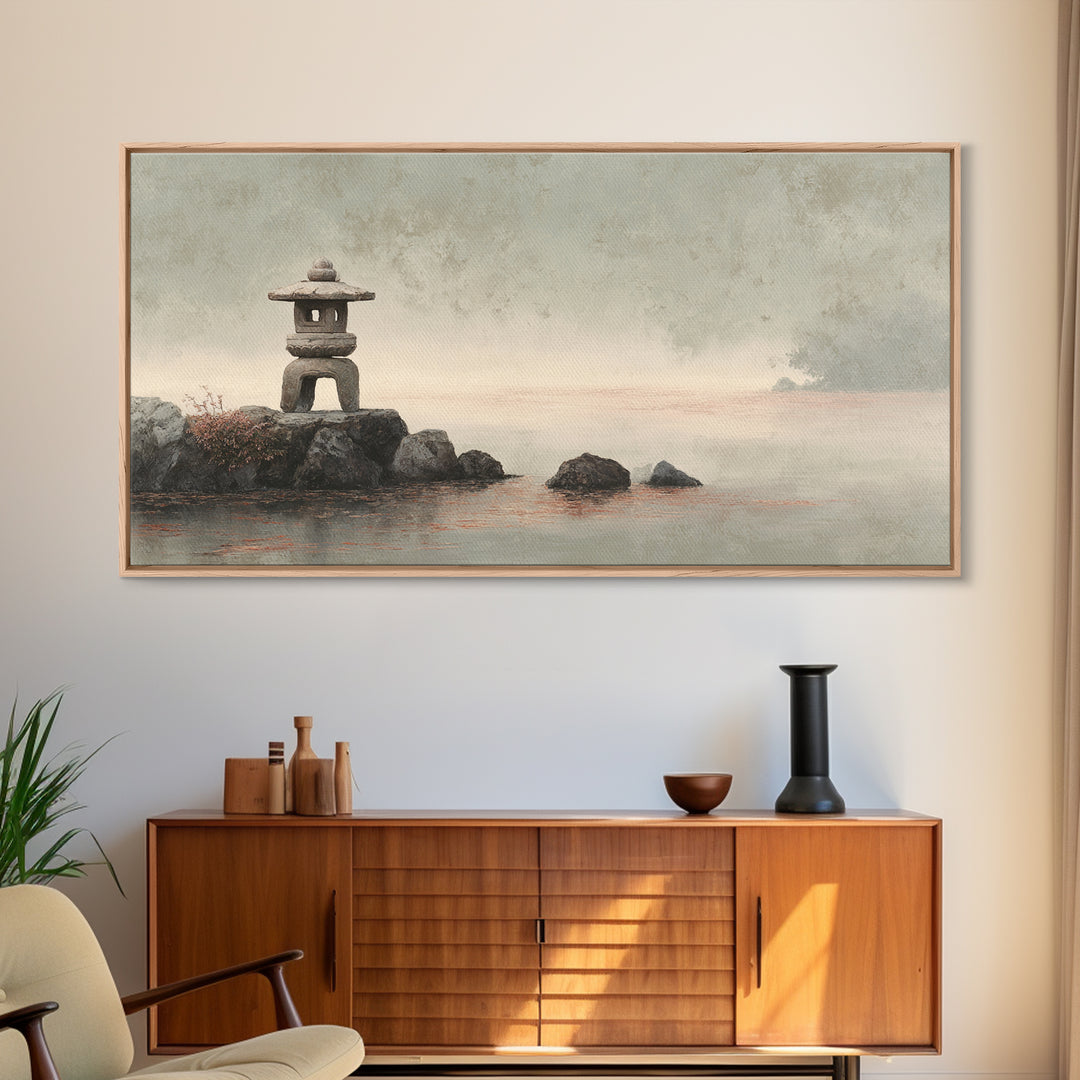 Stone Lantern in Morning Fog Without Garden Framed Canvas Print, Zen Art, Digital Print, Living Room Decor, Fine Art, Zen, ZEN-2x1-86