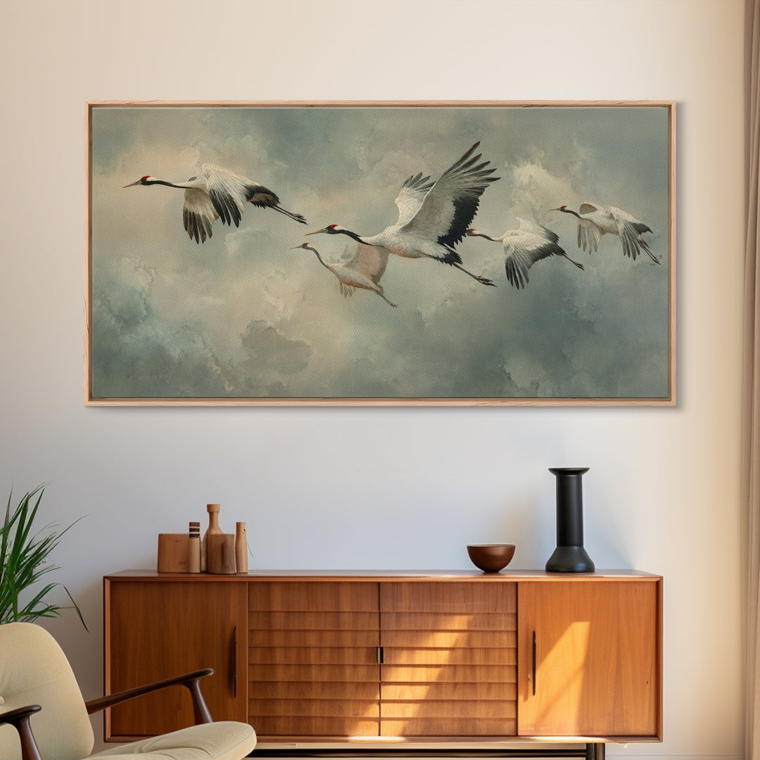 Crane Flying Across Pale Sun Framed Canvas Print, Zen Art, Japanese Wall Art, Living Room Decor, Oil Painting, Zen, ZEN-2x1-92