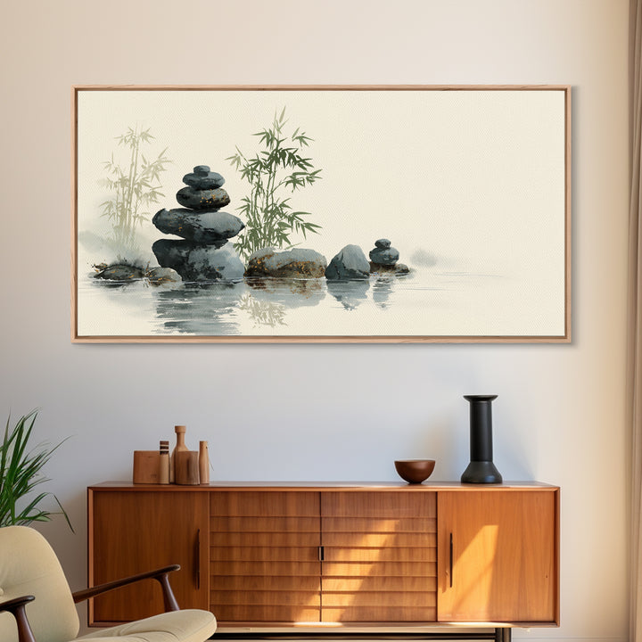Stacked Stones Beside Still Water Framed Canvas Print, Zen Art, Statement Artwork, Living Room Decor, Fine Art, Zen, ZEN-2x1-95