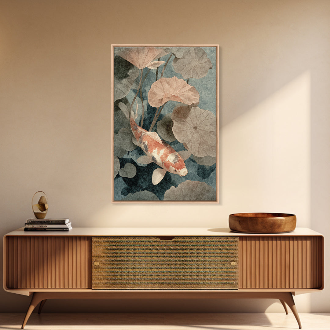 Koi Fish Beneath Floating Lotus Leaves Framed Canvas Print, Zen Art, Japanese Wall Art, Living Room Decor, Oil Painting, Zen, ZEN-2x3-12