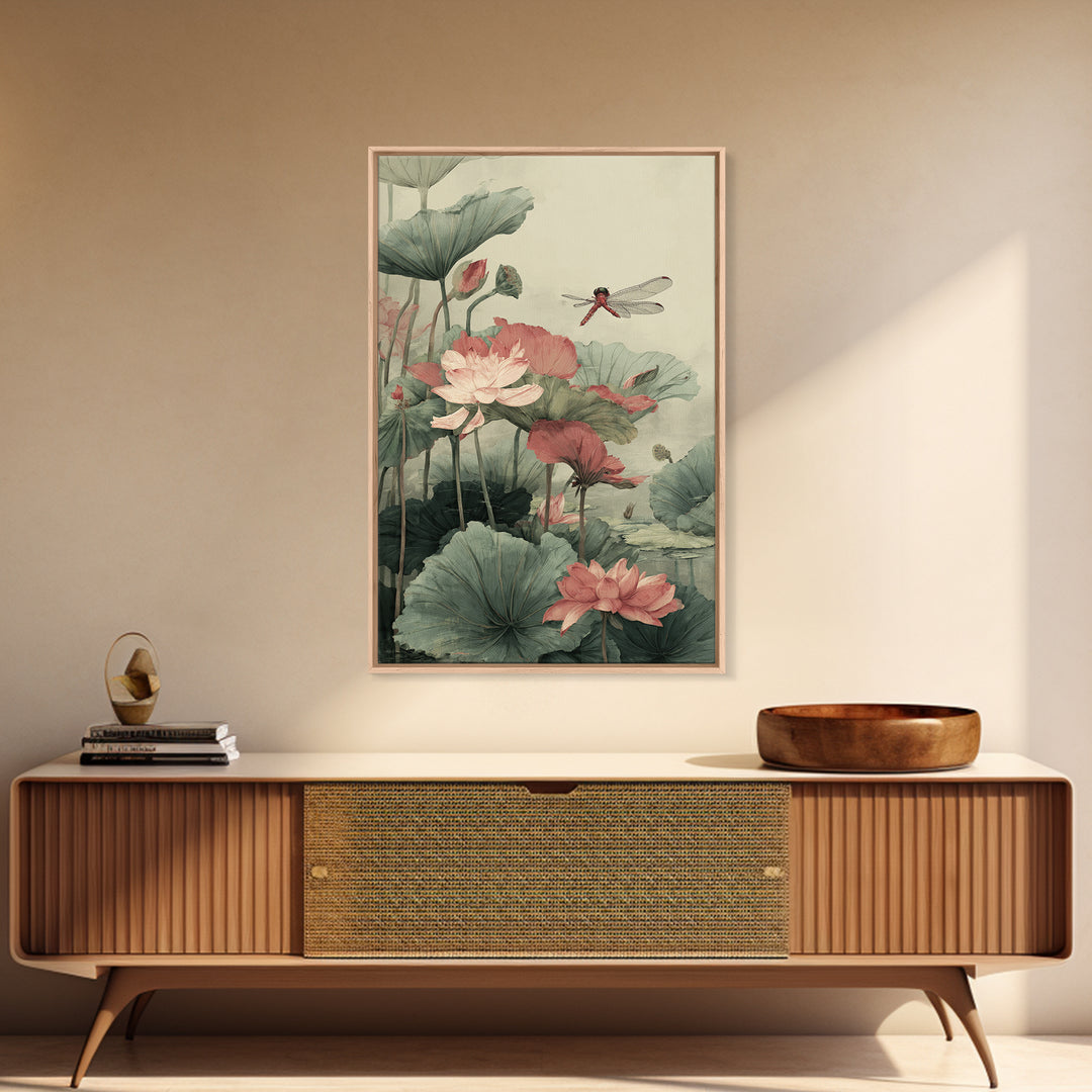 Dragonfly over Lotus Pond Framed Canvas Print, Zen Art, Minimalist Decor, Living Room Decor, Fine Art, Zen, Printable Art, ZEN-2x3-24