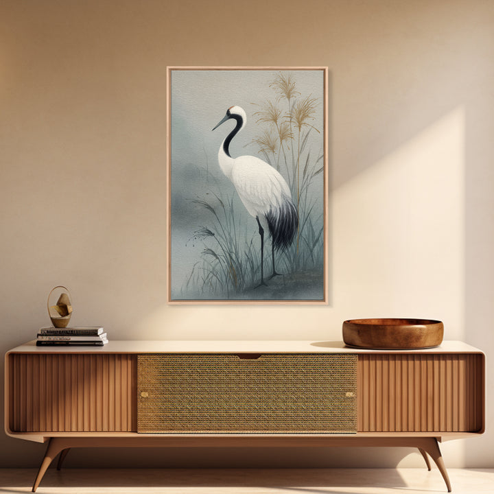 White Crane Standing Canvas Print, Zen Art, Minimalist Wall Art, Living Room Decor, Zen, Fine Art Print, Statement Artwork, ZEN-2x3-39