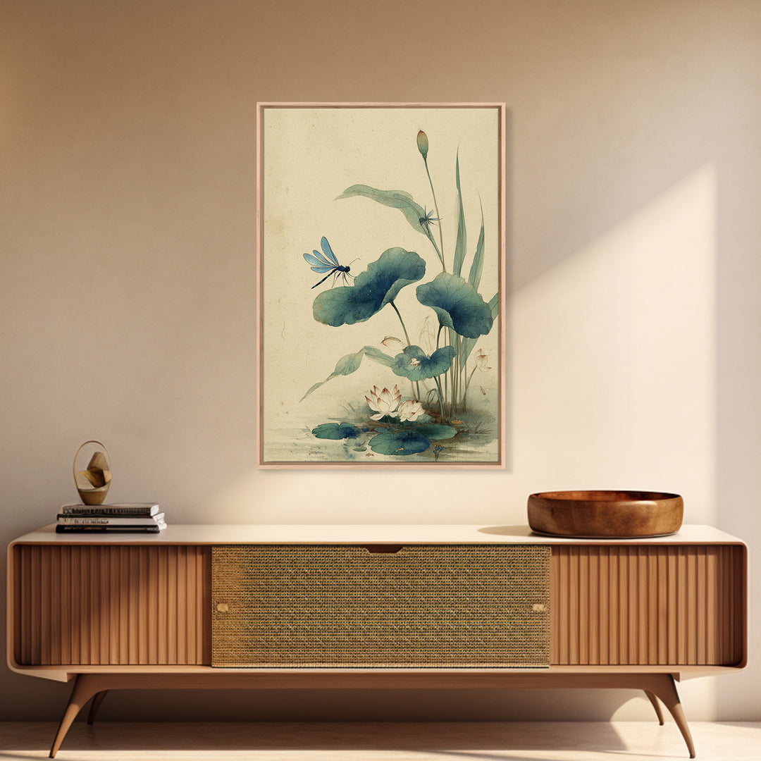 Dragonfly over Lotus Pond Framed Canvas Print, Zen Art, Living Room Decor, Watercolor Art, Zen, Extra Large Wall Art, ZEN-2x3-48