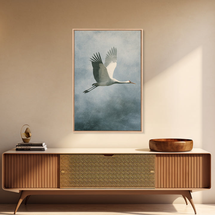 Crane Flying Across Pale Sun Framed Canvas Print, Zen Art, Metal Wall Art, Living Room Decor, Abstract Art, Zen, ZEN-2x3-56