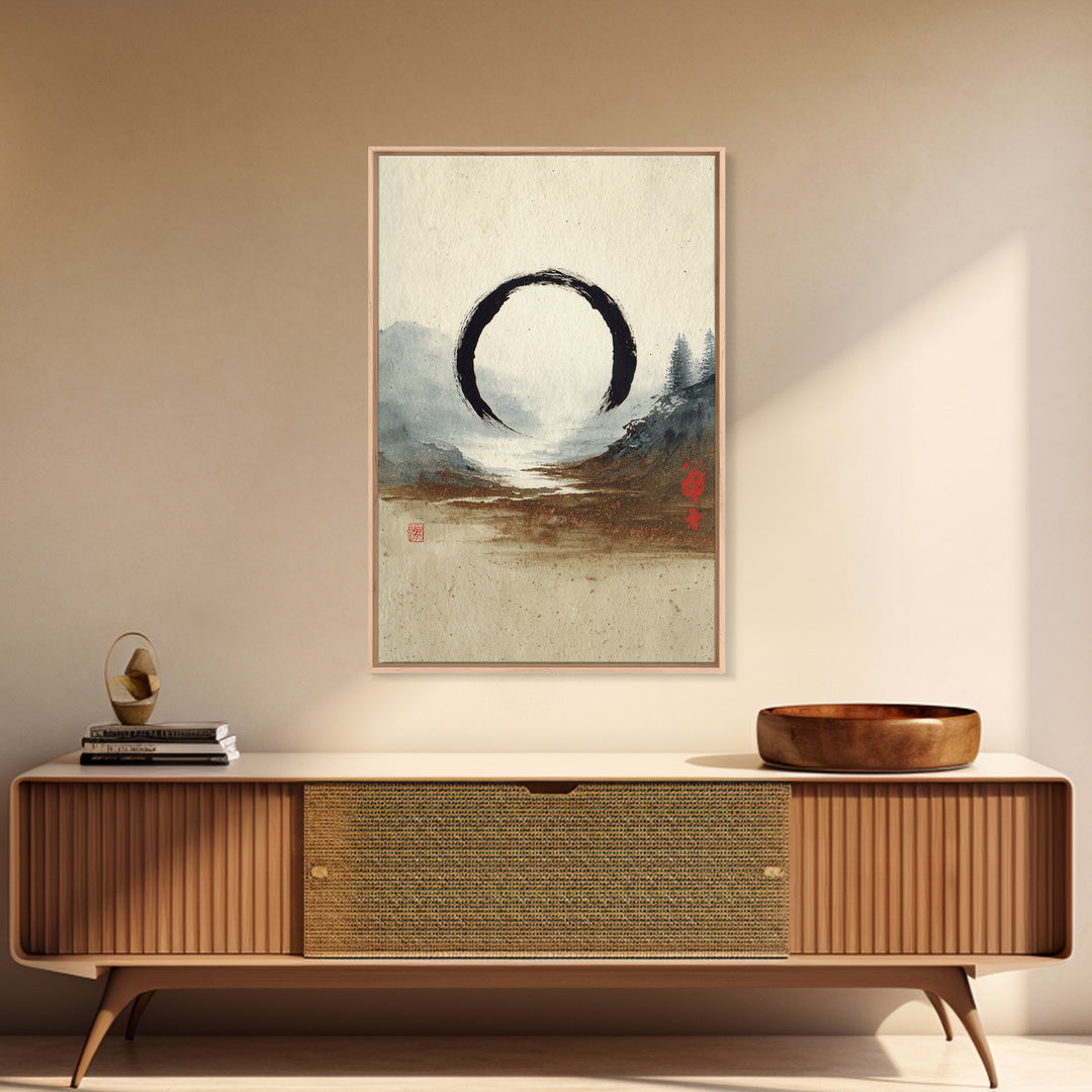 Single Black Ens Circle on Warm Paper Canvas Print, Zen Art, Wabi Sabi Art, Living Room Decor, Oil Painting, Zen, ZEN-2x3-57