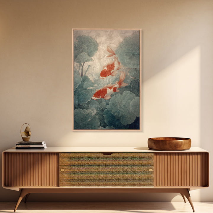Koi Fish Beneath Floating Lotus Leaves Framed Canvas Print, Zen Art, Japandi Wall Art, Living Room Decor, Fine Art, Zen, ZEN-2x3-60