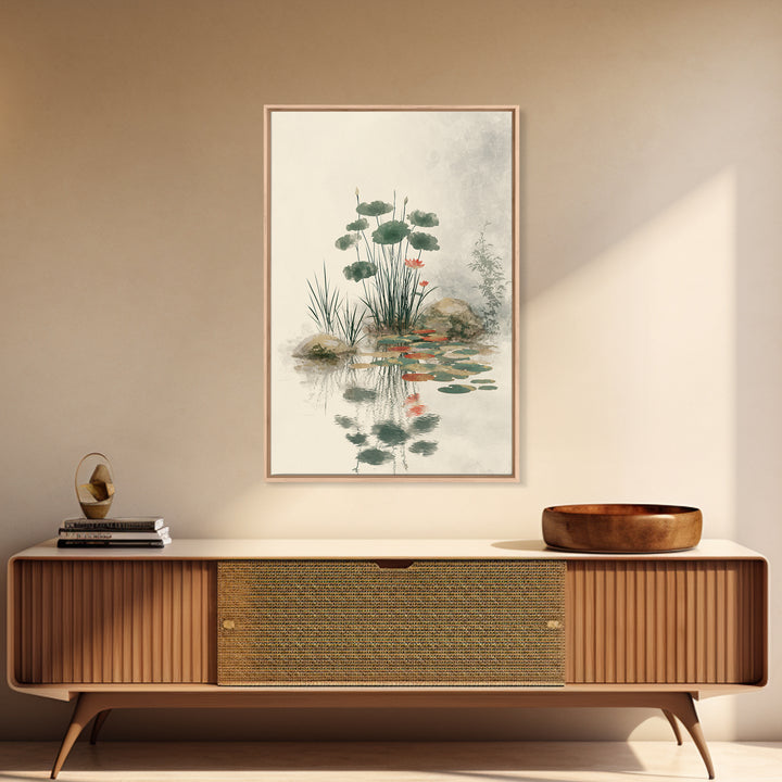 Moon Reflected in Quiet Pond Canvas Print, Zen Art, Living Room Decor, Oil Painting, Zen, Japanese Decor, Flower Print, ZEN-2x3-66