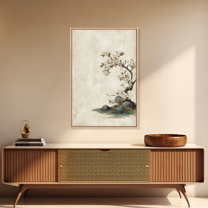 Falling Cherry Blossoms on Cream Ground Framed Canvas Print, Zen Art, Statement Artwork, Living Room Decor, Fine Art, Zen, ZEN-2x3-76