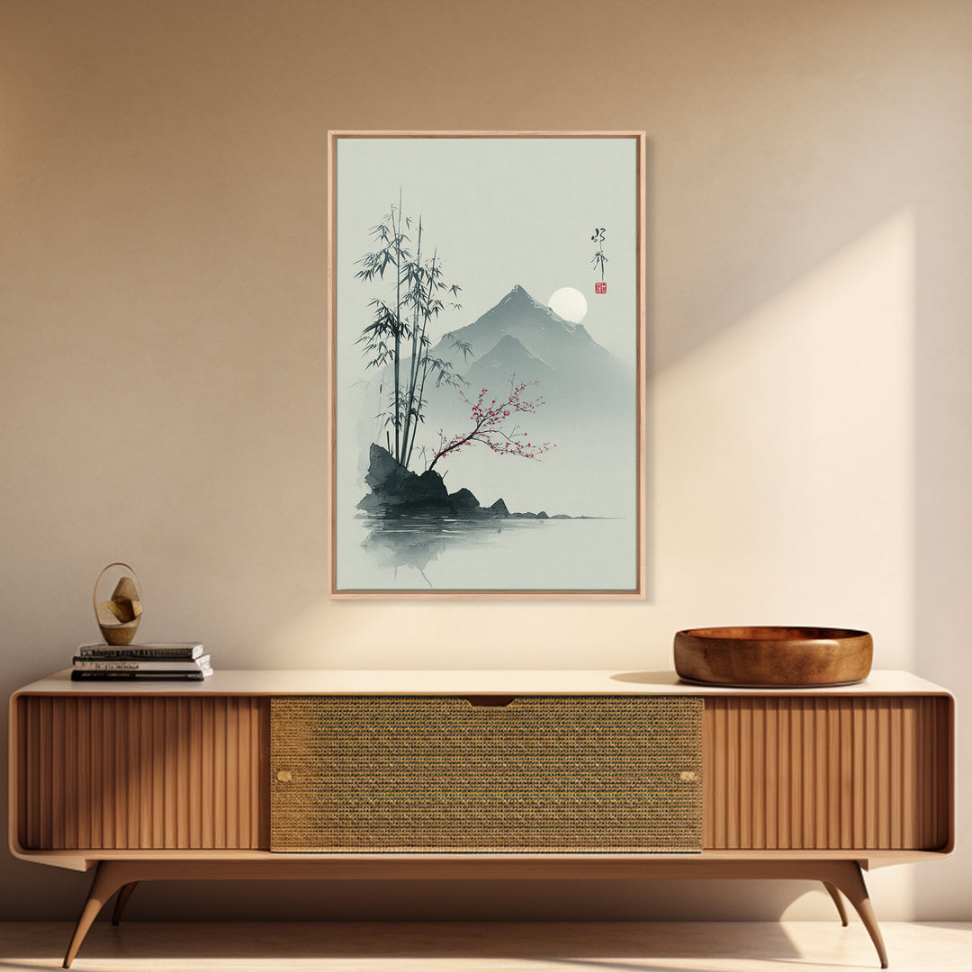Minimal Mountain in Fog with Empty Space Framed Canvas Print, Zen Art, Contemporary Art, Living Room Decor, Oil Painting, Zen, ZEN-2x3-85