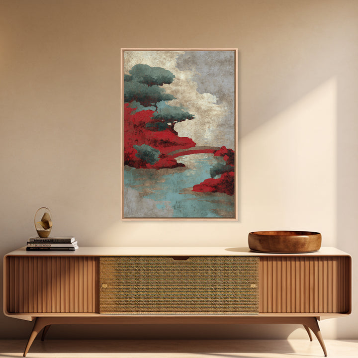 Japanese Garden Bridge Implied Through Shapes Framed Canvas Print, Zen Art, Japandi Wall Art, Living Room Decor, Watercolor Art, ZEN-2x3-94
