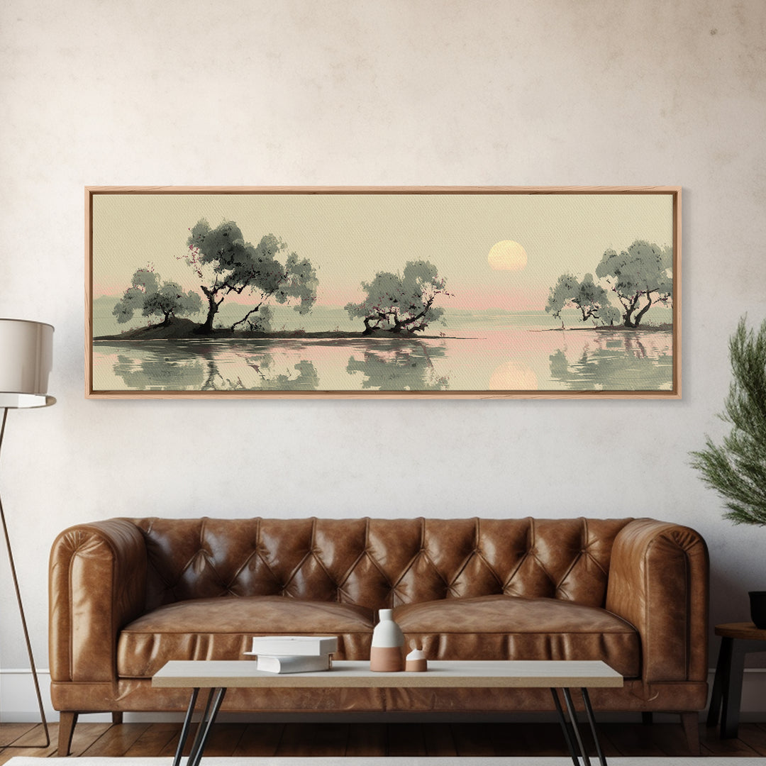 Moon Reflected in Quiet Pond Framed Canvas Print, Zen Art, Garden Art, Living Room Decor, Fine Art, Zen, Neutral Wall Art, ZEN-3x1-2