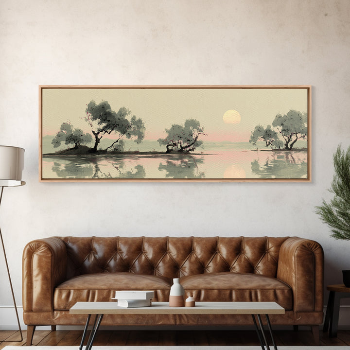 Moon Reflected in Quiet Pond Framed Canvas Print, Zen Art, Garden Art, Living Room Decor, Fine Art, Zen, Neutral Wall Art, ZEN-3x1-2
