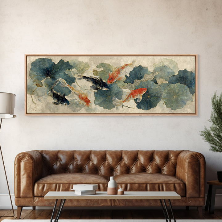 Koi Fish Beneath Floating Lotus Leaves Canvas Print, Zen Art, Neutral Wall Art, Living Room Decor, Fine Art, Zen, ZEN-3x1-20