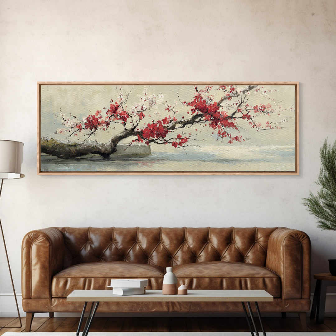 Falling Cherry Blossoms on Cream Ground Canvas Print, Zen Art, Neutral Decor, Living Room Decor, Fine Art, Zen, Wall Decor, ZEN-3x1-36