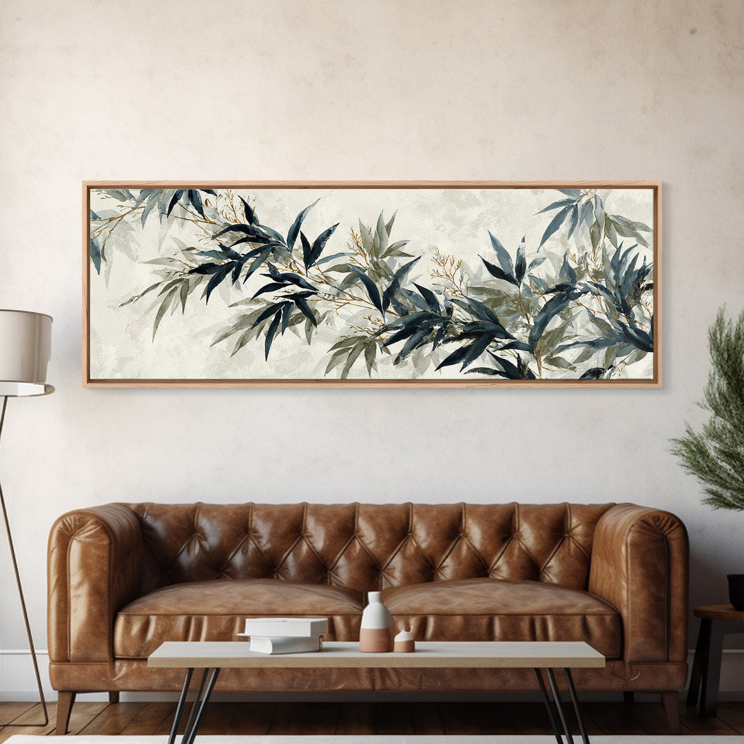 Minimal Bamboo Leaves Framed Canvas Print, Zen Art, Statement Artwork, Living Room Decor, Fine Art, Zen, Printable Wall Art, ZEN-3x1-57