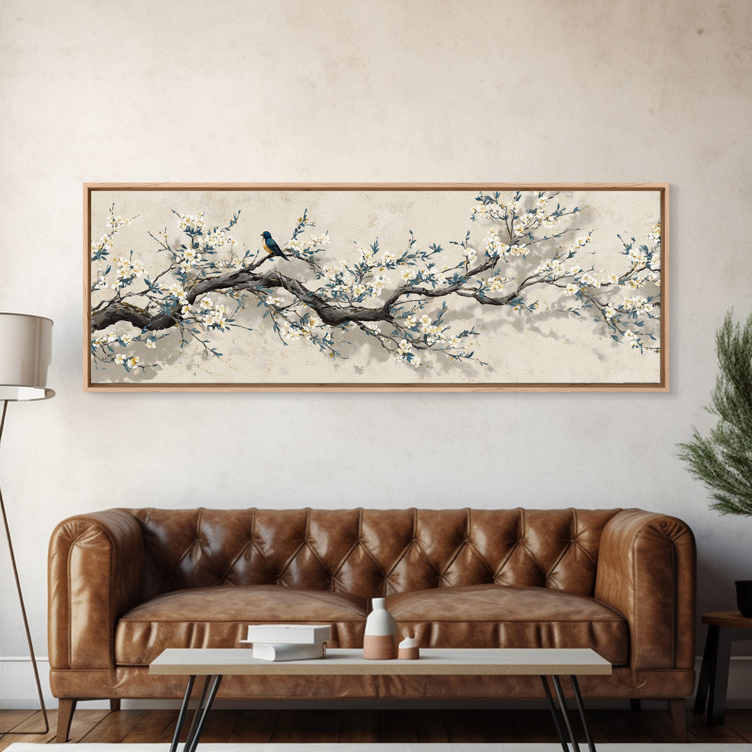 Falling Cherry Blossoms on Cream Ground Framed Canvas Print, Zen Art, Luxury Decor, Living Room Decor, Fine Art, Zen, ZEN-3x1-60