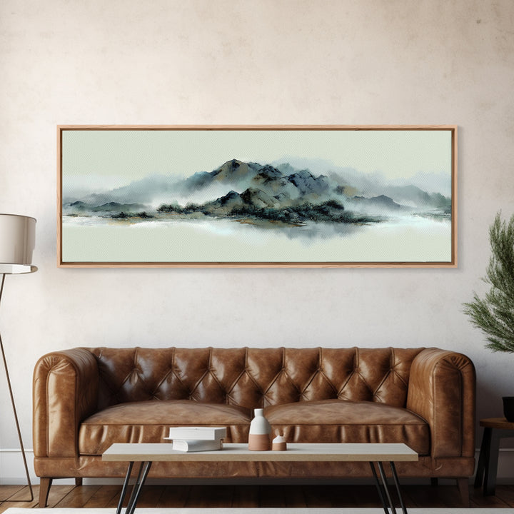 Minimal Mountain in Fog with Empty Space Framed Canvas Print, Zen Art, Luxury Decor, Living Room Decor, Fine Art, Zen, ZEN-3x1-69