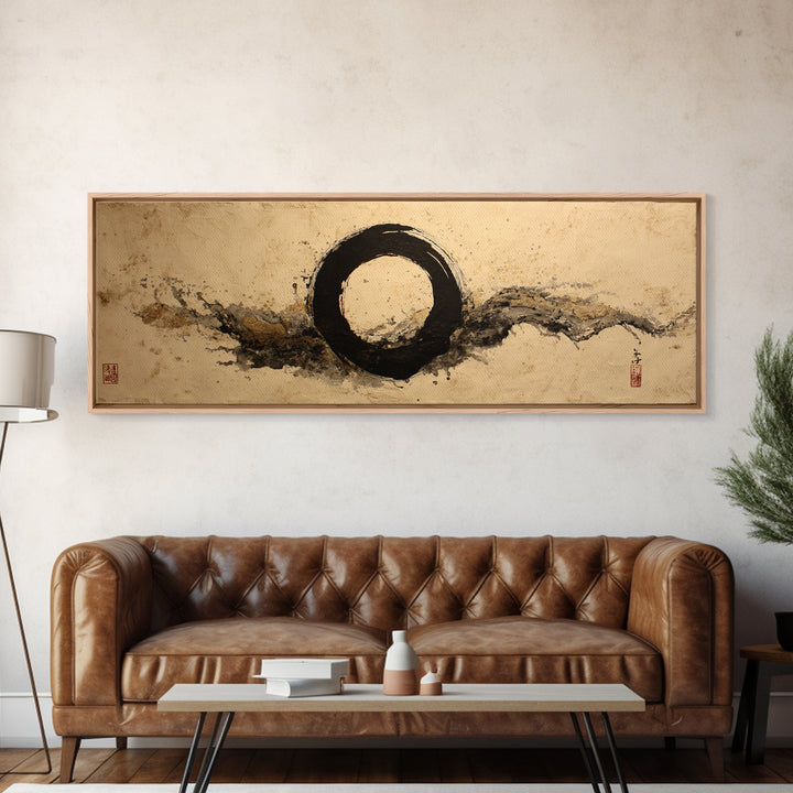 Single Black Ens Circle on Warm Paper Framed Canvas Print, Zen Art, Wall Art, Living Room Decor, Oil Painting, Zen, ZEN-3x1-89