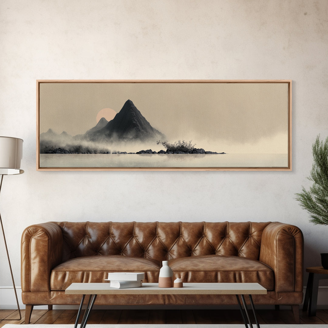 Minimal Mountain in Fog with Empty Space Canvas Print, Zen Art, Home Decor, Living Room Decor, Oil Painting, Zen, Boho Wall Art, ZEN-3x1-93
