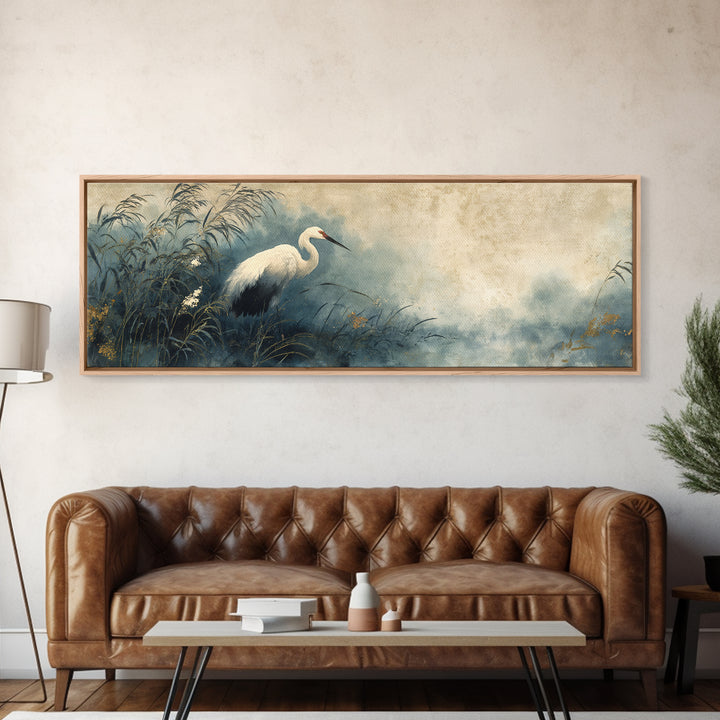 White Crane Standing Canvas Print, Zen Art, Japanese Art, Living Room Decor, Oil Painting, Zen, Contemporary Art, Gallery Decor, ZEN-3x1-95