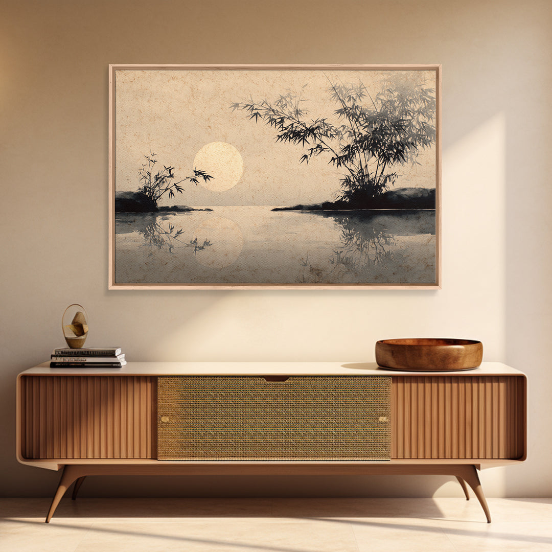 Moon Reflected in Quiet Pond Framed Canvas Print, Zen Art, Abstract Painting, Living Room Decor, Fine Art, Zen, Gallery Decor, ZEN-3x2-14