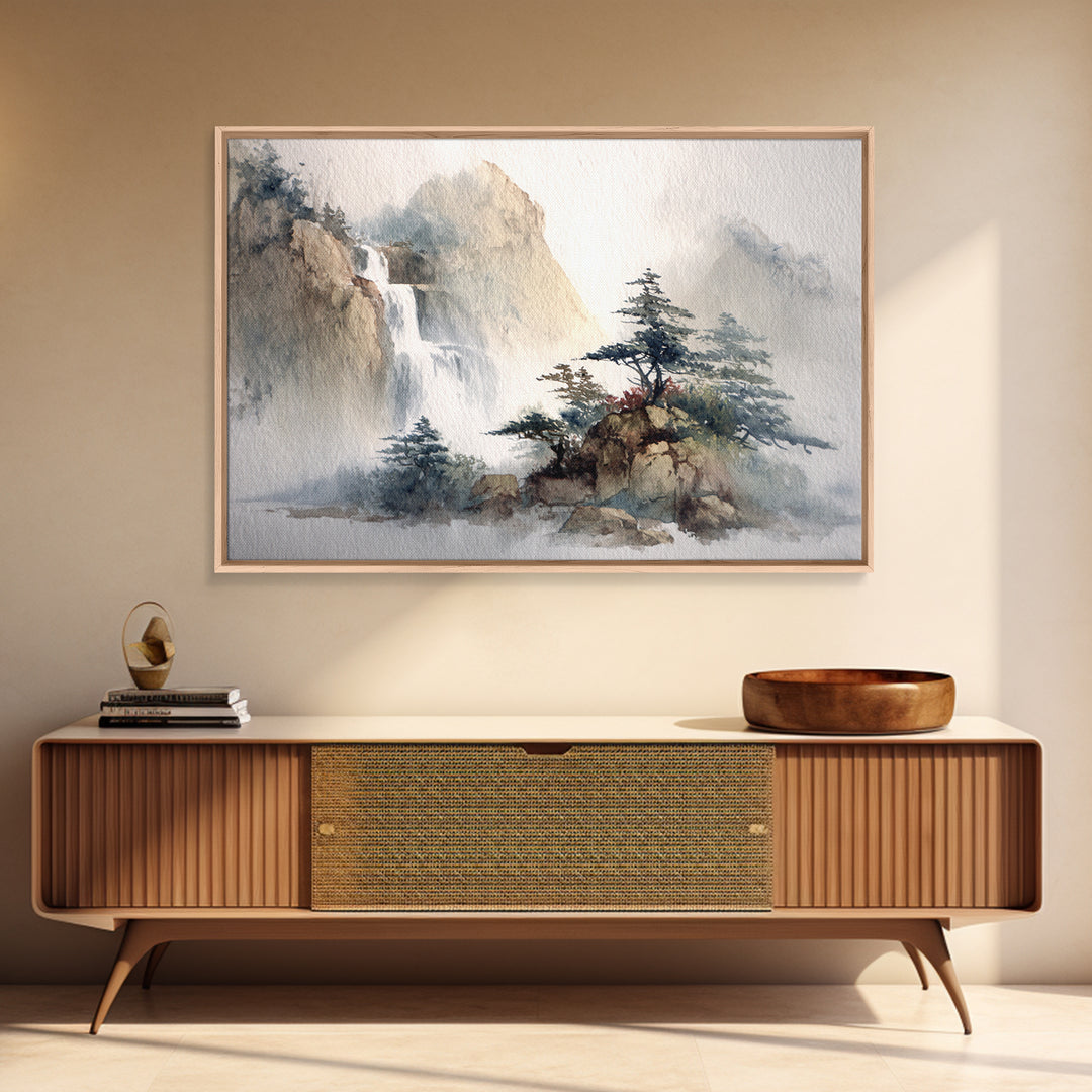 Ink Wash Waterfall Framed Canvas Print, Zen Art, Fine Art Print, Living Room Decor, Abstract Art, Zen, Printable Wall Art, ZEN-3x2-25