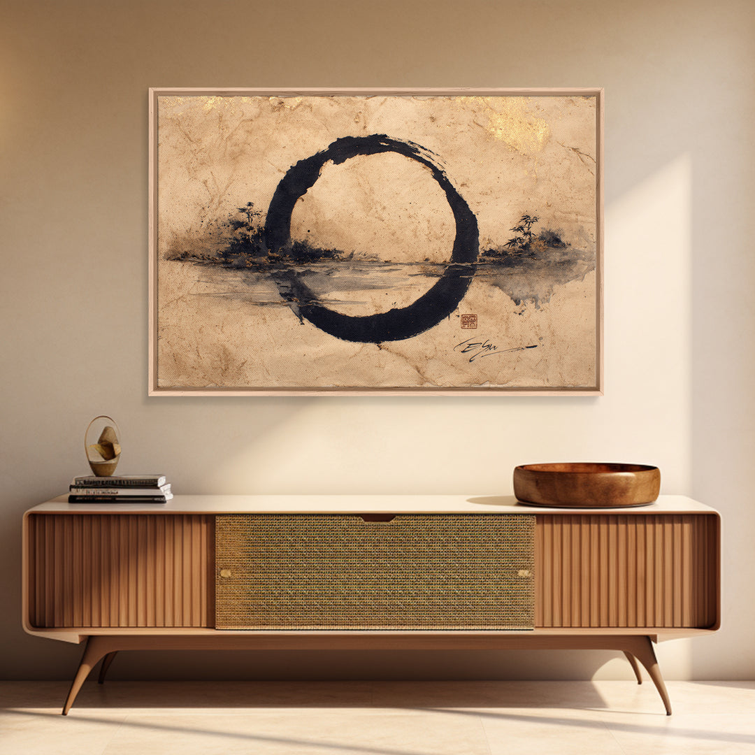 Single Black Ens Circle on Warm Paper Framed Canvas Print, Zen Art, Statement Artwork, Living Room Decor, Fine Art, Zen, ZEN-3x2-5