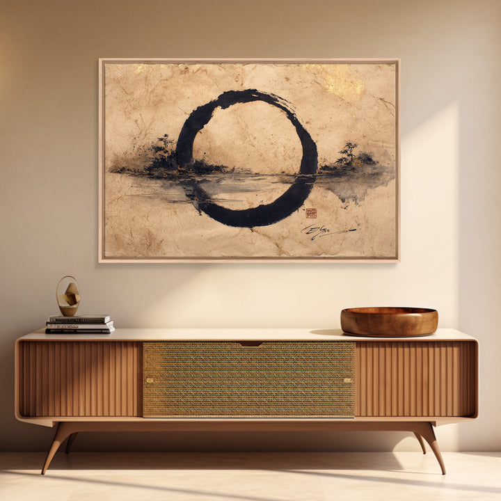 Single Black Ens Circle on Warm Paper Framed Canvas Print, Zen Art, Statement Artwork, Living Room Decor, Fine Art, Zen, ZEN-3x2-5