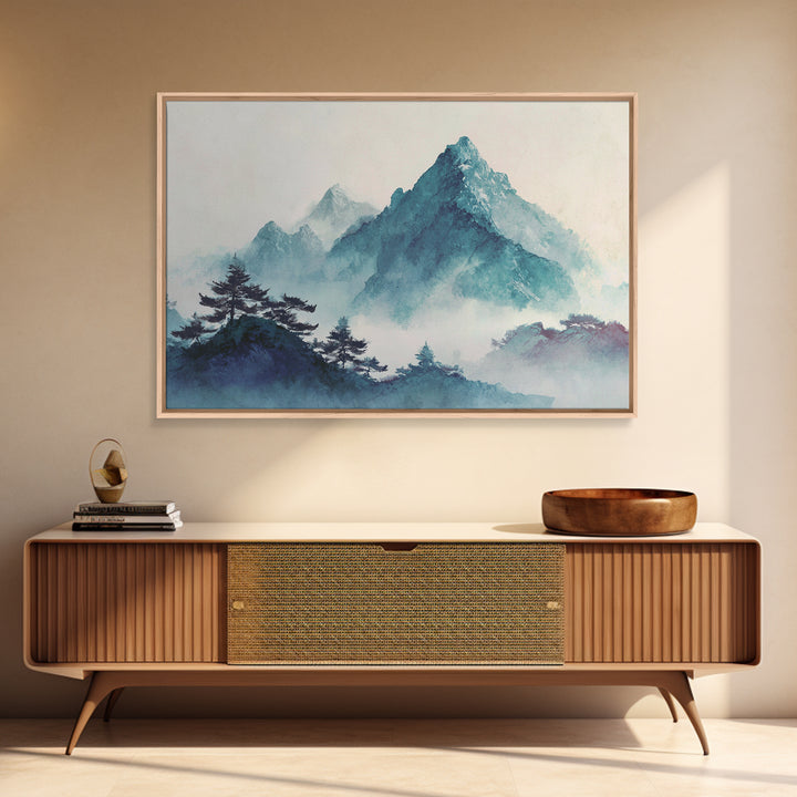 Minimal Mountain in Fog with Empty Space Canvas Print, Zen Art, Boho Decor, Living Room Decor, Fine Art, Zen, Original Painting, ZEN-3x2-57