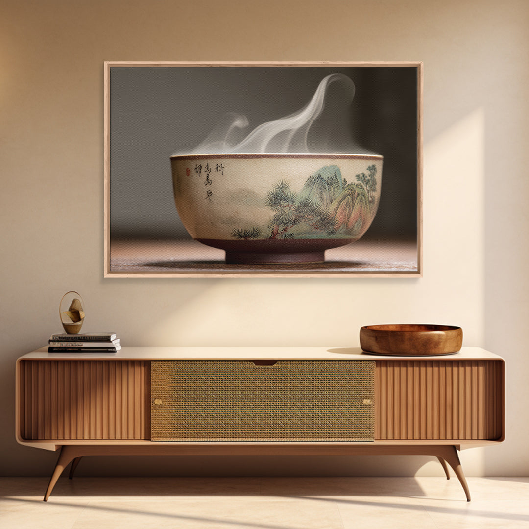 Tea Bowl with Steam Rising Gently Framed Canvas Print, Zen Art, Metal Wall Art, Living Room Decor, Zen, Japandi Wall Art, ZEN-3x2-60