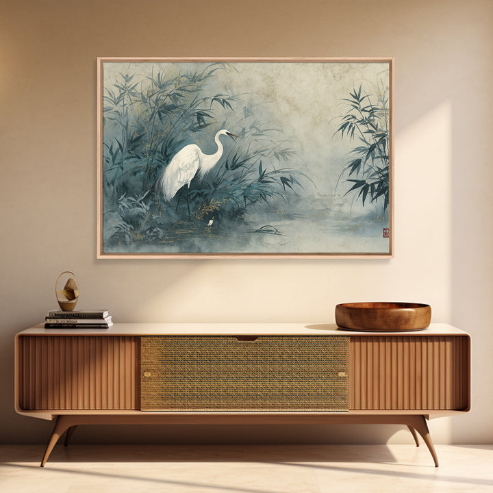 White Crane Standing Canvas Print, Zen Art, Japanese Decor, Living Room Decor, Fine Art, Zen, Luxury Decor, Textured Painting, ZEN-3x2-83
