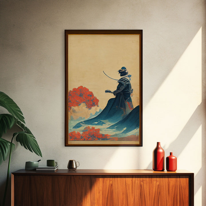 Red And Blue Japanese Samurai Warrior Wall Poster, Fine Art Print