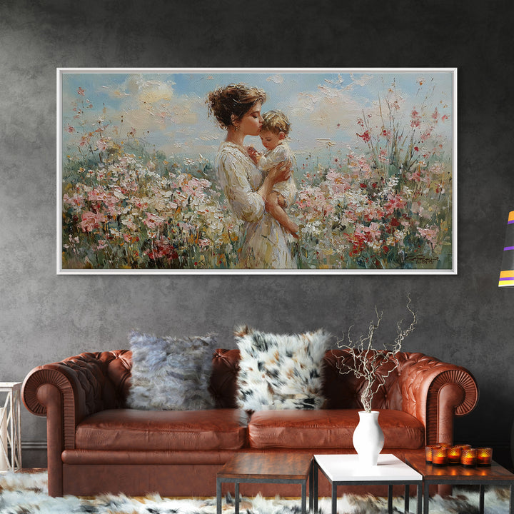 Mother Holding Baby In Sunlit Flower Field Wall Art, Impressionist Floral Canvas Print, Nursery Decor, Gift For Mom, Living Room Decor