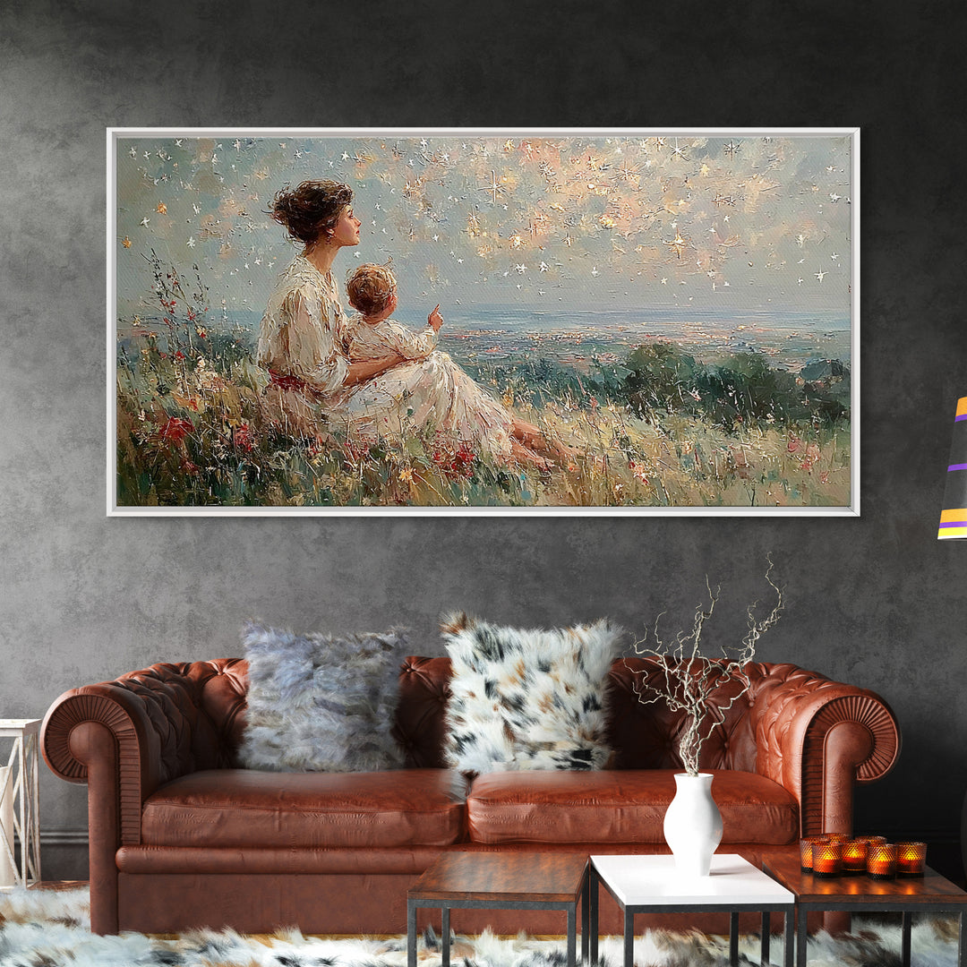 Mother And Child Watching Ocean Sunset Framed Canvas Print, Coastal Wildflower Wall Art, Calming Bedroom Decor Gift For Her
