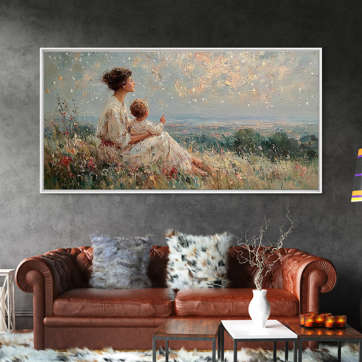 Mother And Child Watching Ocean Sunset Framed Canvas Print, Coastal Wildflower Wall Art, Calming Bedroom Decor Gift For Her