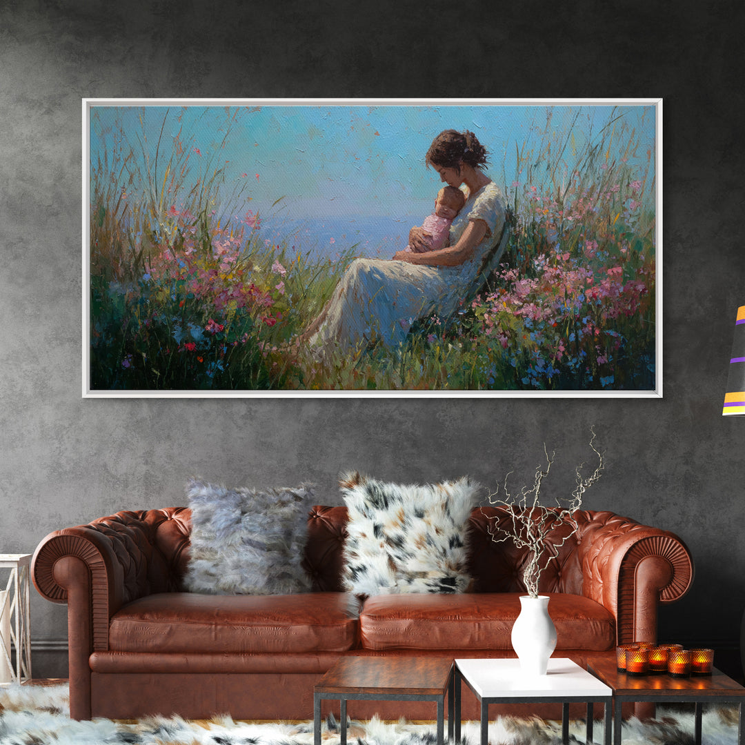Mother Nursing Baby In Blue Meadow Canvas Print, Wildflower Wall Art, Peaceful Nursery Decor, Gift For New Mom, Boho Home Decor