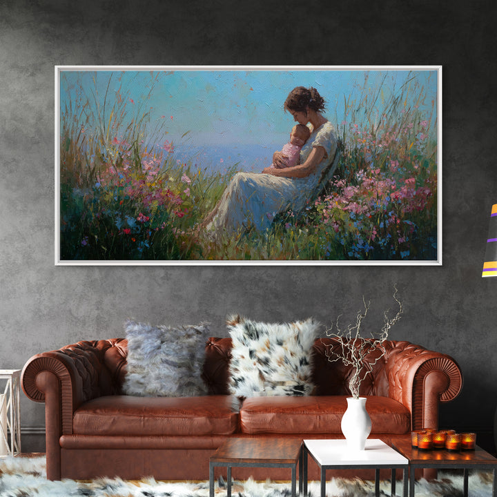 Mother Nursing Baby In Blue Meadow Canvas Print, Wildflower Wall Art, Peaceful Nursery Decor, Gift For New Mom, Boho Home Decor