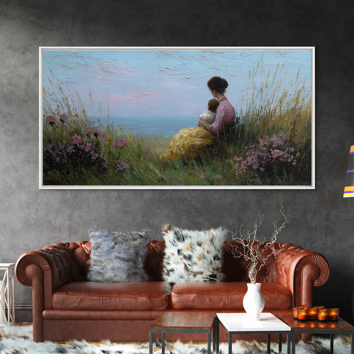Mother And Child Beside Quiet Lake Wall Art, Impressionist Meadow Framed Canvas Print, Calming Nursery Decor Gift For Her